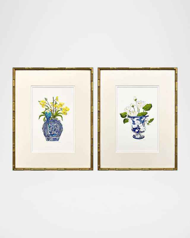 "Blue and White II" Hand-Embellished Giclees, Set of 2